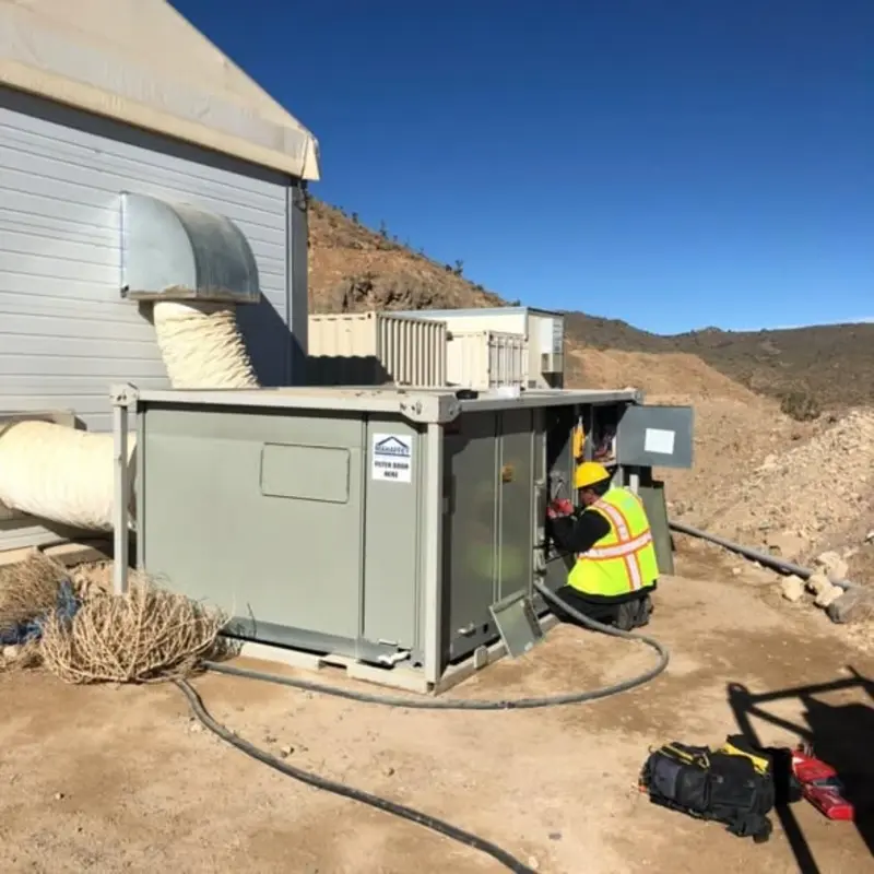 We Care Air technician servicing commercial Trane HVAC unit in Las Vegas