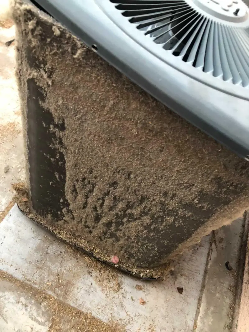 Clogged HVAC condenser coil from lack of maintenance in Las Vegas heat